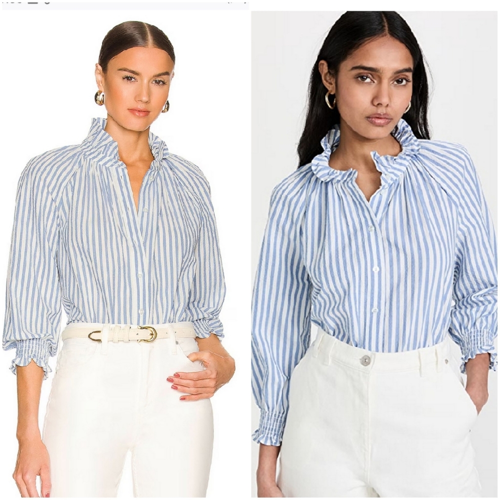 Veronica Beard Blue and White Vertical-Stripe Ruffle Collar Button-Down